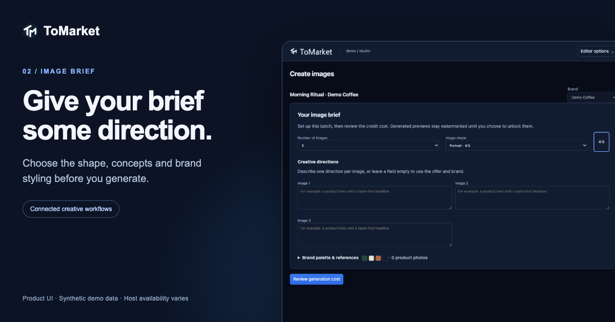 ToMarket image brief showing image dimensions, creative directions, and brand styling controls